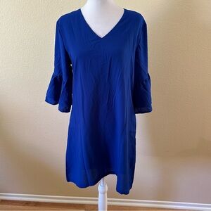 Belongsci Women's Royal Blue V Neck Bell Sleeve Crepe Lined Shift Dress M NWT